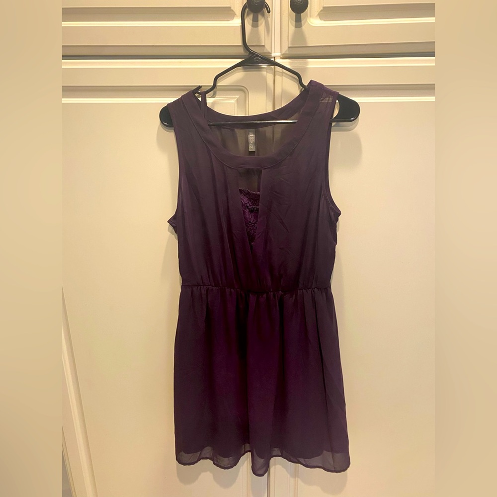 Allison Joy, Eggplant Purple, L, A-line, Mesh Outer, Lace Peekaboo Cutout, Slip